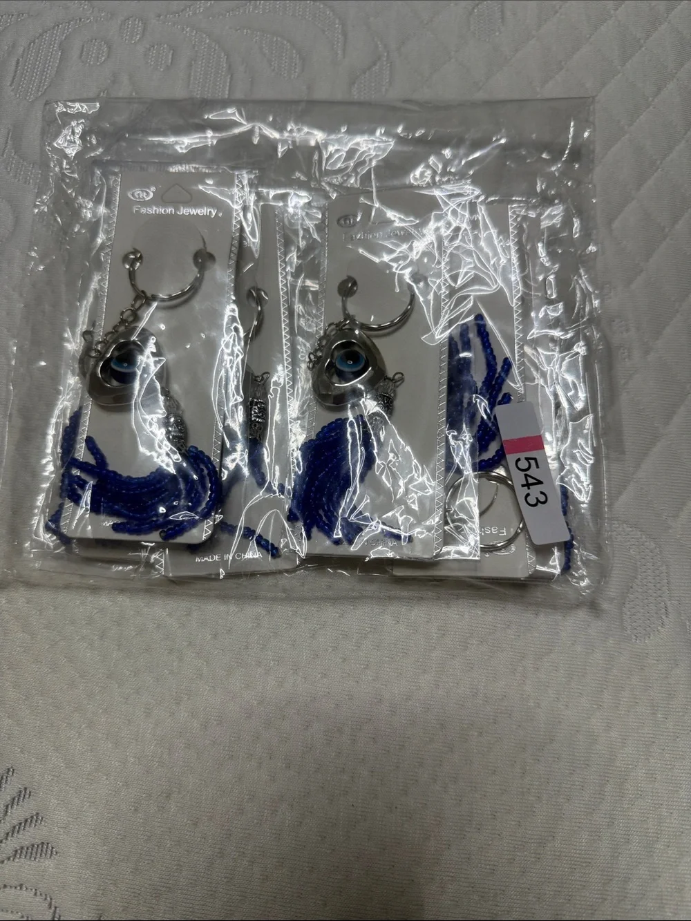 Set of 12 Pieces Jewelry Silver Heart Evil Eye Keychain with Blue Beaded Tassel